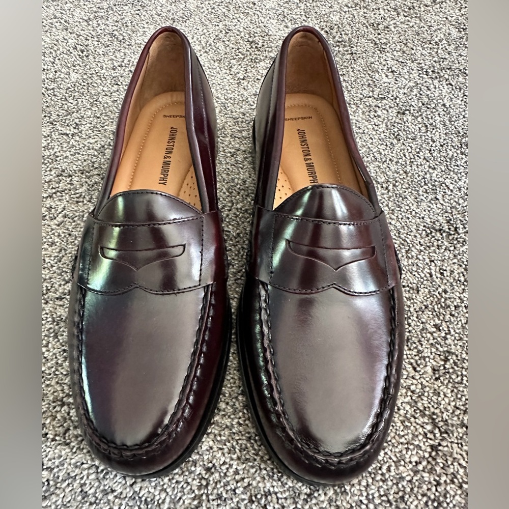 JOHNSTON & MURPHY HAYES LEATHER PENNY LOAFERS MENS 10 WIDE NEW SHEEPSKIN LINING